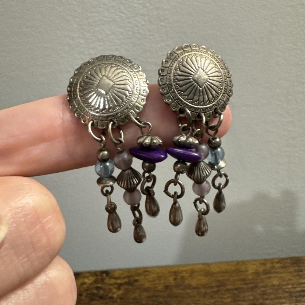 VTG‎ Silver Tone Boho Dangle Drop Earrings Embossed Southwest Purple Blue Beads